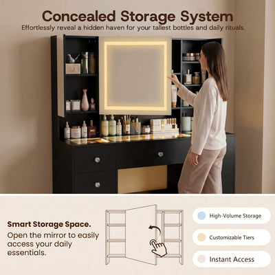 Woman opening the sliding mirror of the Black Treevan Gallery Vanity to reveal a concealed high-volume storage system.
