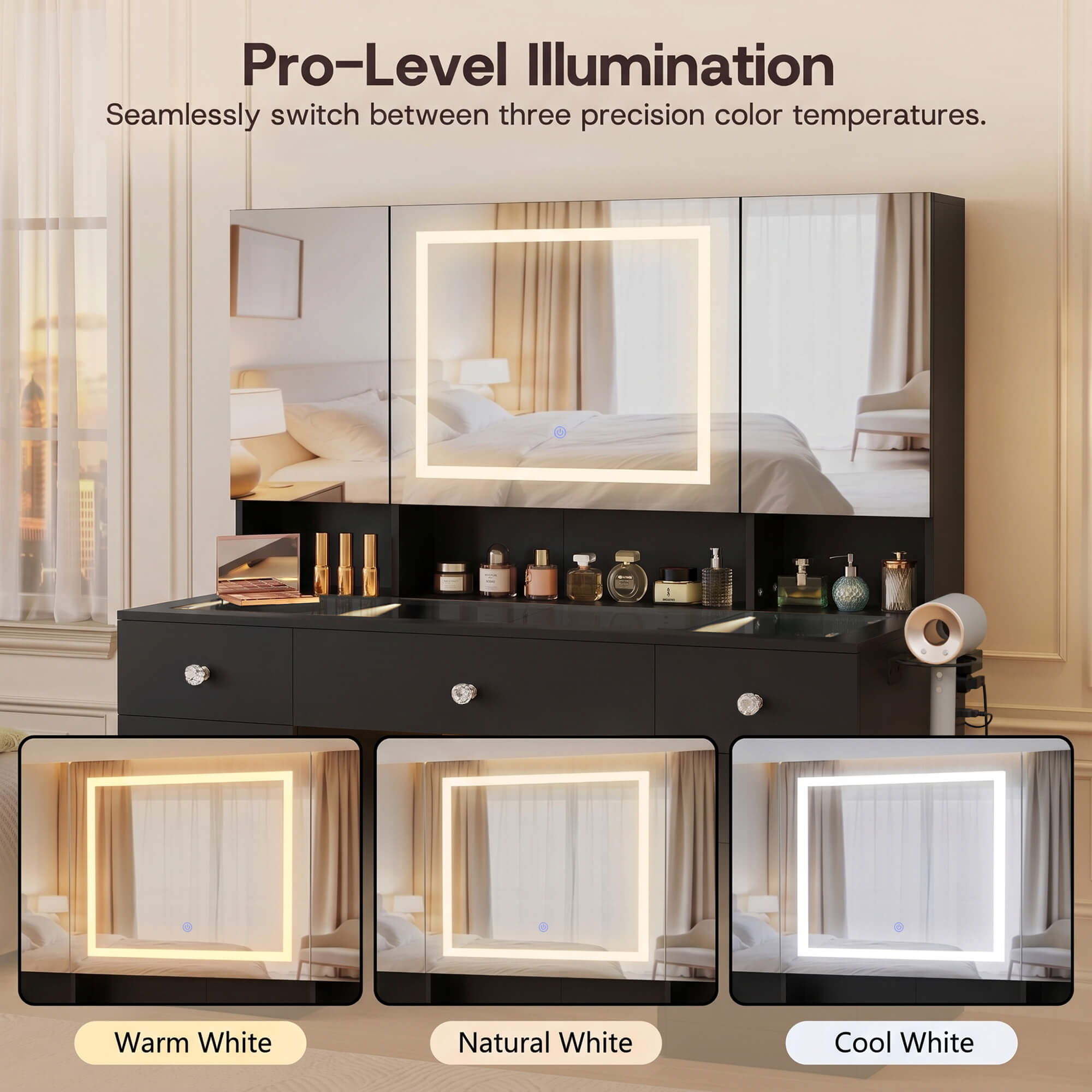 Black Treevan Gallery Vanity featuring a large LED mirror with three adjustable color temperatures for pro-level illumination.