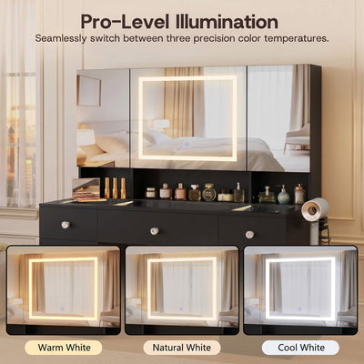 Black Treevan Gallery Vanity featuring a large LED mirror with three adjustable color temperatures for pro-level illumination.