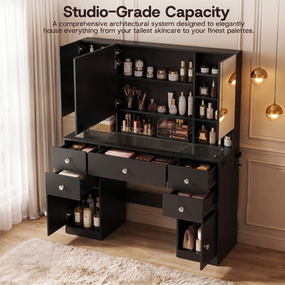 Detailed view of the Black Treevan Gallery Vanity showing crystal-clear glass desktop organization and a tall bottom storage cabinet.