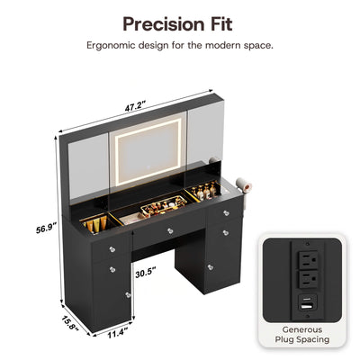 Product dimension diagram for the Black Treevan Gallery Vanity desk showing 47.2 inch width and ergonomic design.