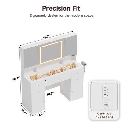 Product dimension diagram for the White Treevan Gallery Vanity desk showing 47.2 inch width and ergonomic design.
