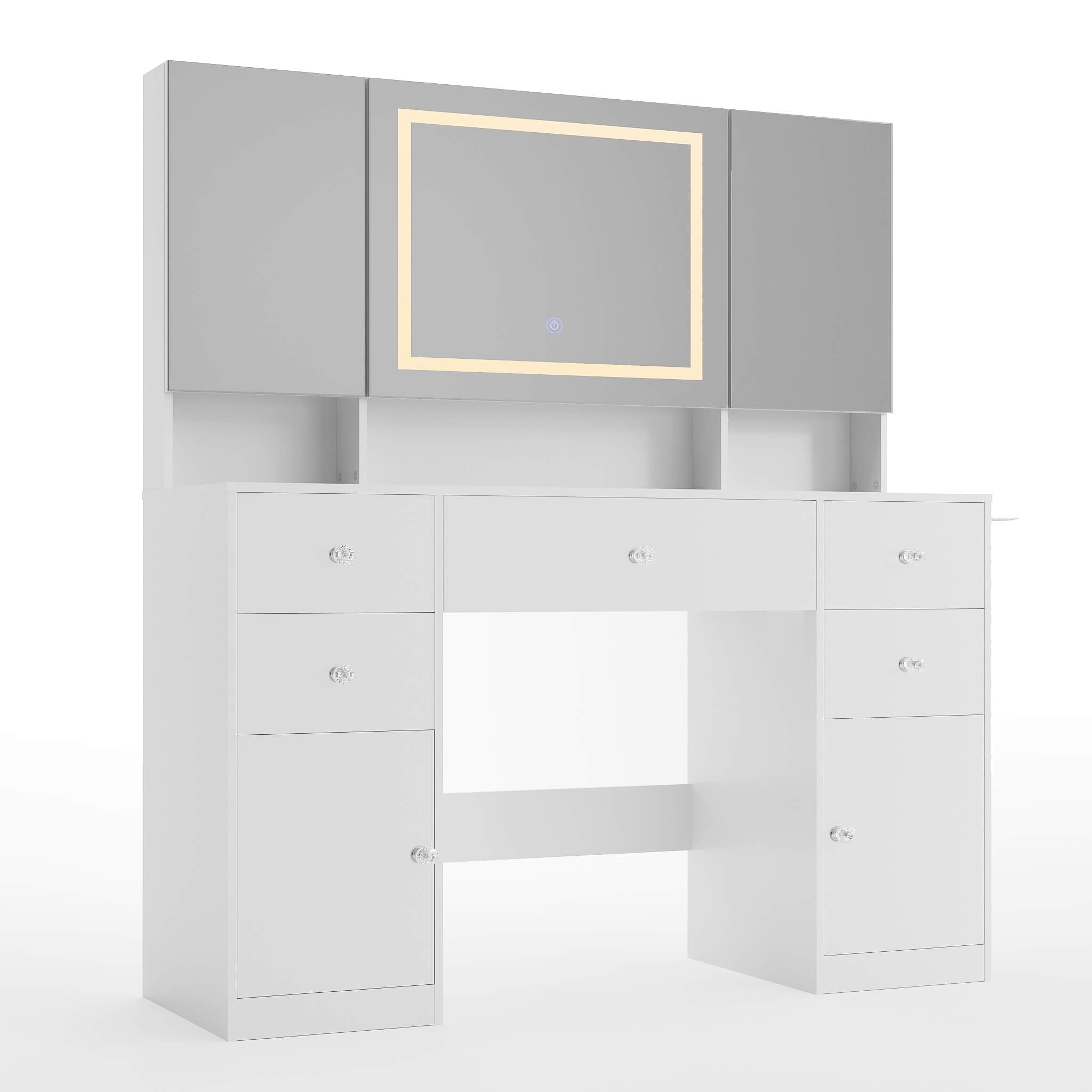 White Treevan Gallery Vanity desk featuring studio-grade capacity with open cabinets and a glass desktop.