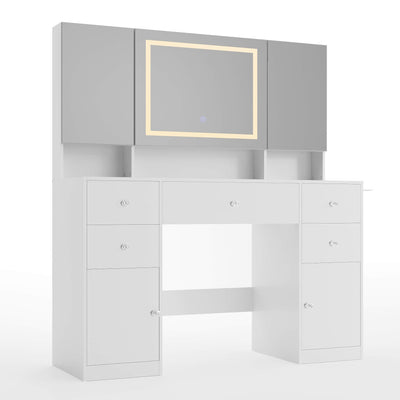 White Treevan Gallery Vanity desk featuring studio-grade capacity with open cabinets and a glass desktop.