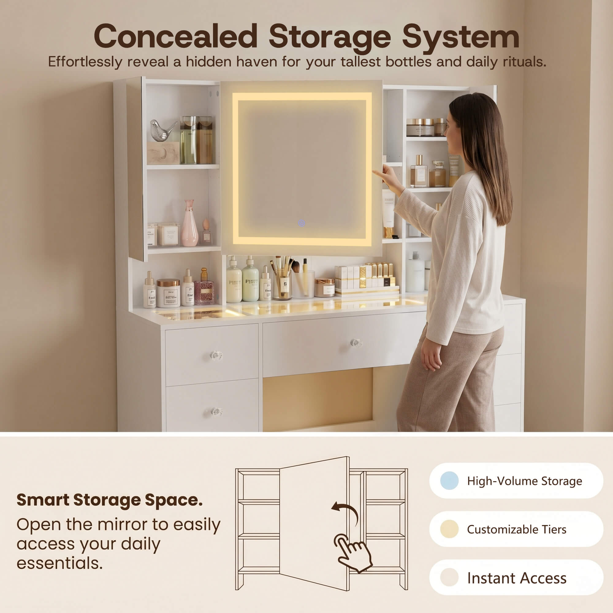 Woman opening the sliding mirror of the White Treevan Gallery Vanity to reveal a concealed high-volume storage system.