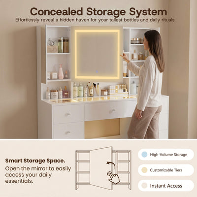 Woman opening the sliding mirror of the White Treevan Gallery Vanity to reveal a concealed high-volume storage system.