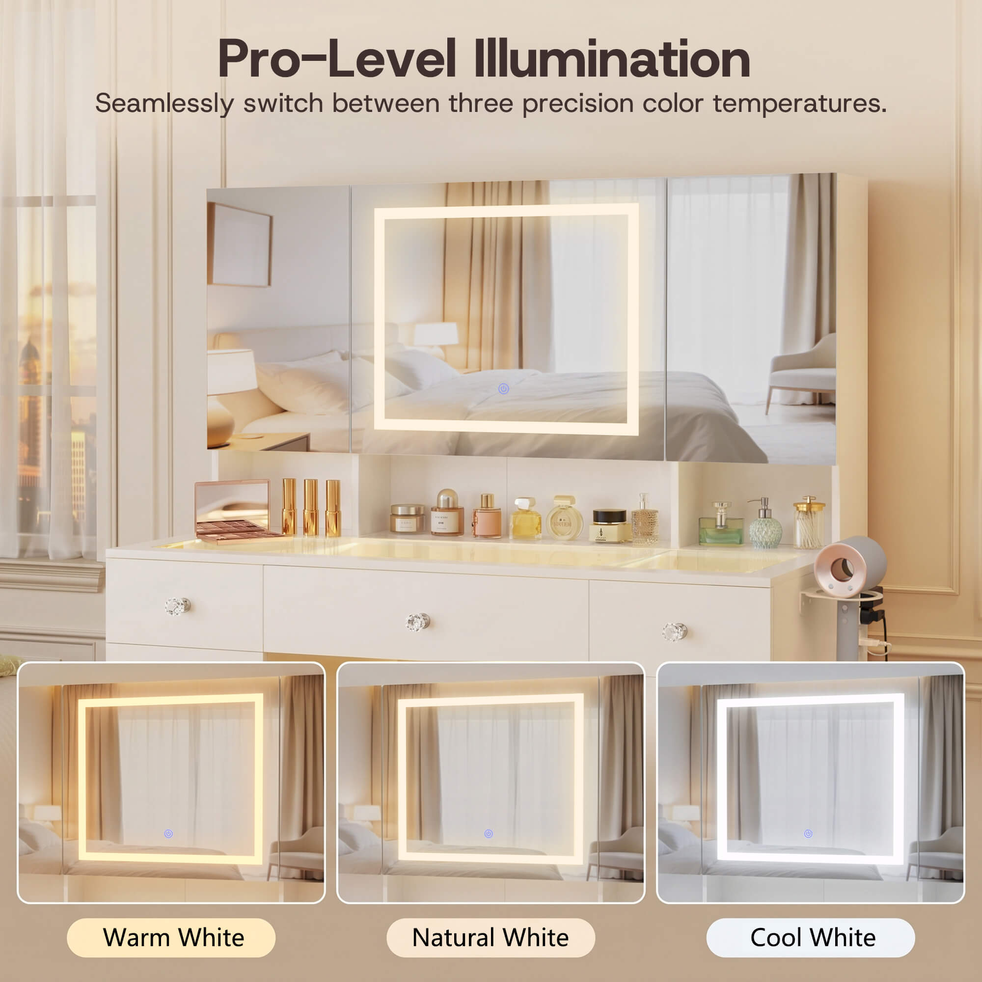 White Treevan Gallery Vanity featuring a large LED mirror with three adjustable color temperatures for pro-level illumination.