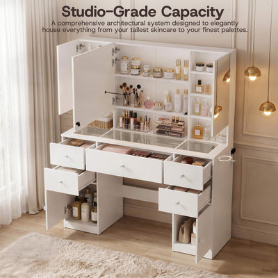 Detailed view of the White Treevan Gallery Vanity showing crystal-clear glass desktop organization and a tall bottom storage cabinet.