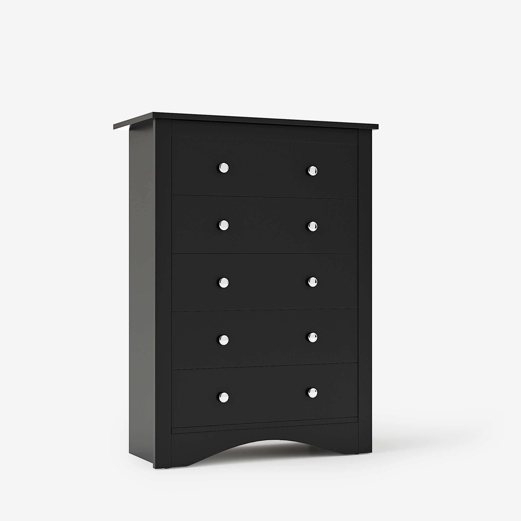 Black Treevan Hestia 5-drawer tall chest dresser featuring a classic design and spacious storage, isolated on a white background.
