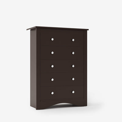 Brown Treevan Hestia 5-drawer tall chest dresser featuring a classic design and spacious storage, isolated on a white background.