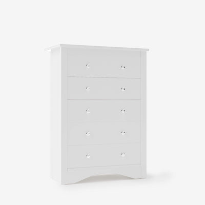 White Treevan Hestia 5-drawer tall chest dresser featuring a classic design and spacious storage, isolated on a white background.