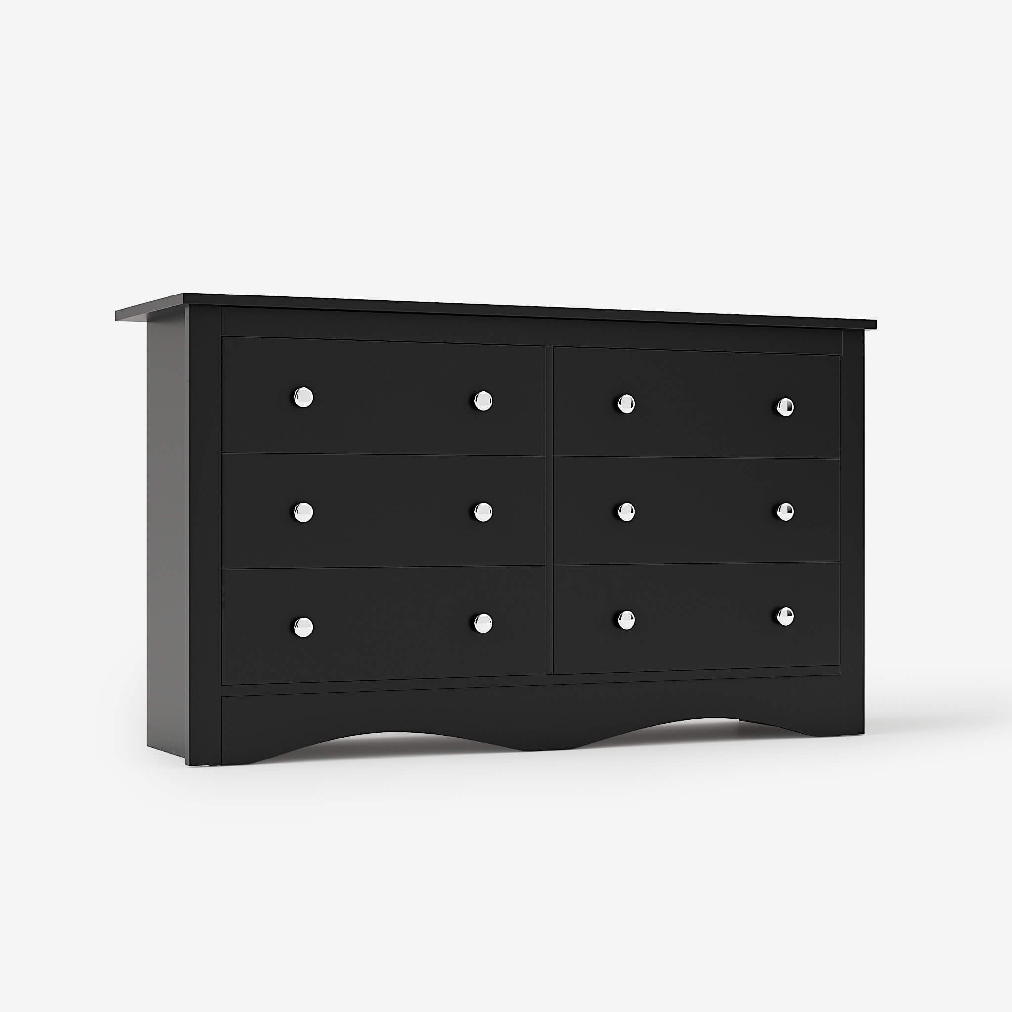 Black Treevan Hestia 6-drawer double dresser featuring a classic wide design and spacious storage, isolated on a white background.#color_black