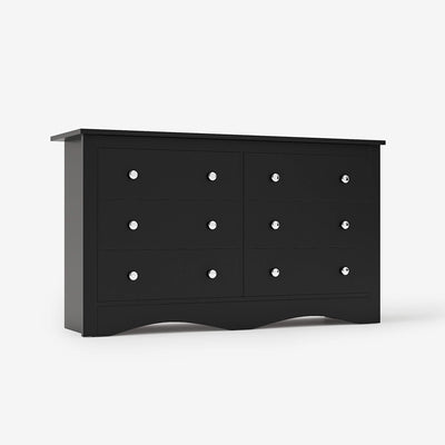 Black Treevan Hestia 6-drawer double dresser featuring a classic wide design and spacious storage, isolated on a white background.