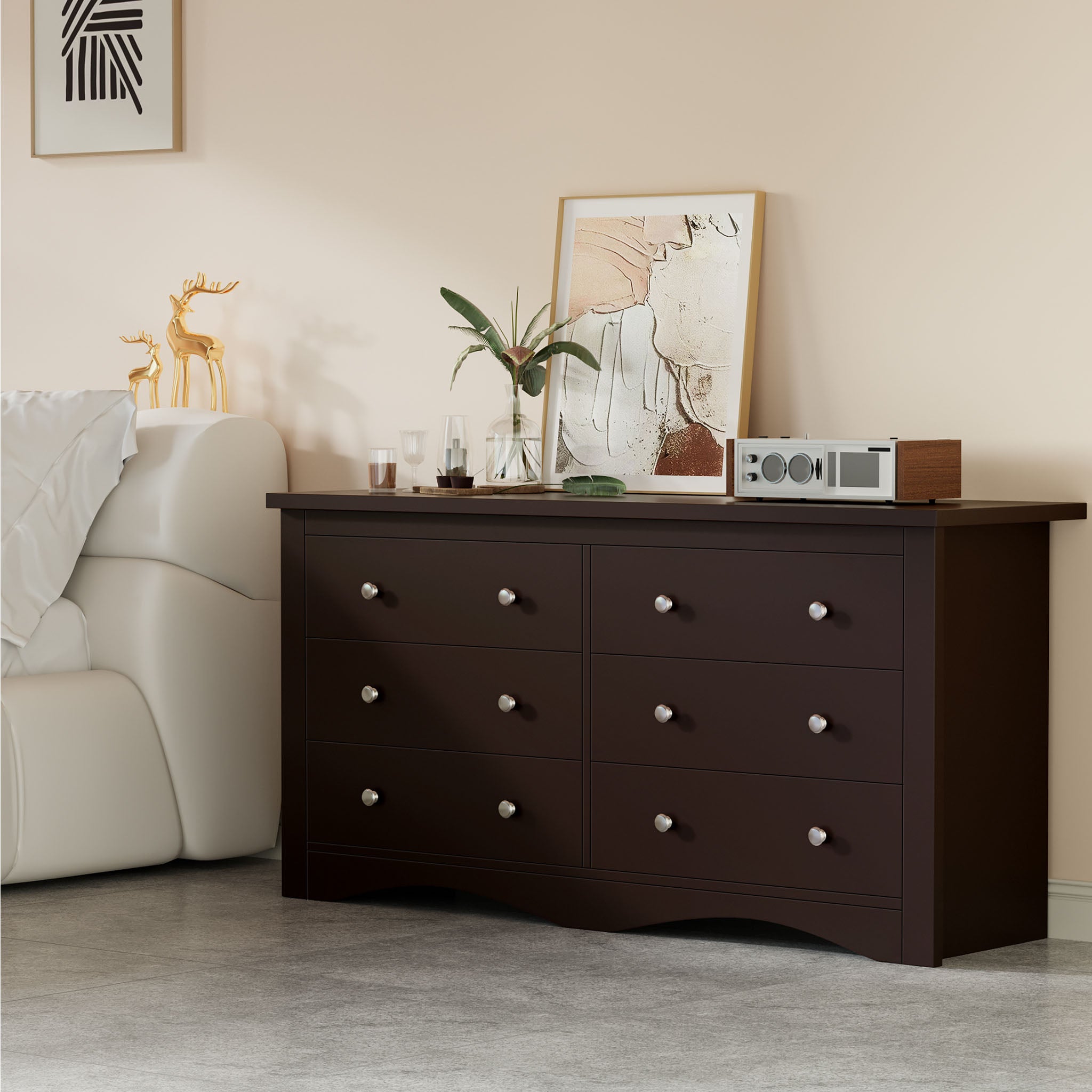 Brown Treevan Hestia 6-drawer double dresser styled in a cozy living room space with modern decor.