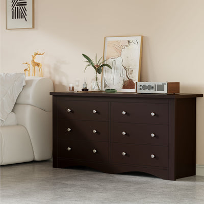 Brown Treevan Hestia 6-drawer double dresser styled in a cozy living room space with modern decor.
