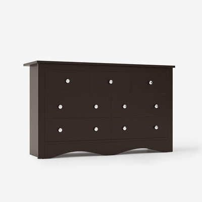 Brown Treevan Hestia 7-drawer grand dresser featuring a classic wide design and maximum storage capacity, isolated on a white background.