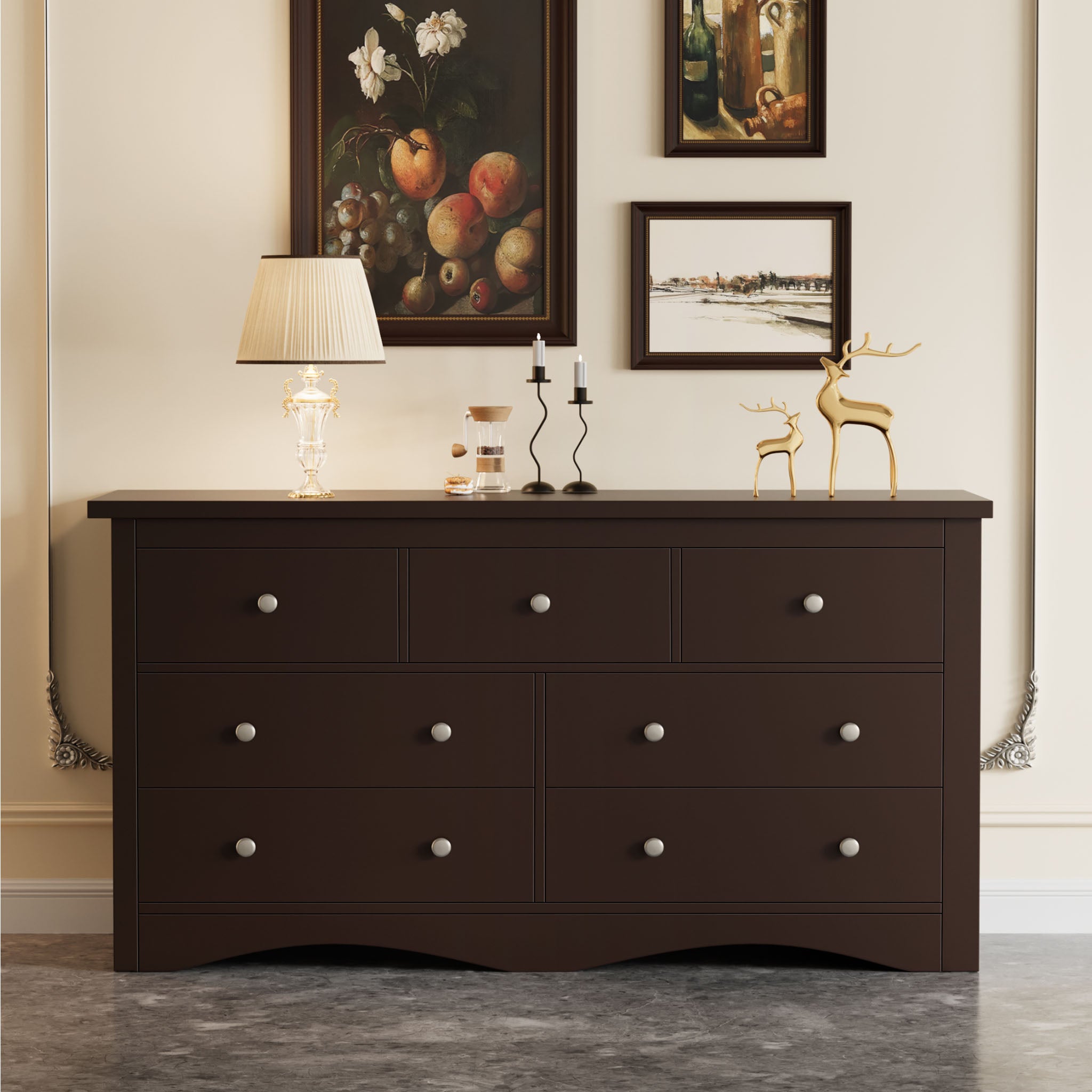 Brown Treevan Hestia 7-drawer grand dresser styled elegantly in a modern bedroom or living room space with decorative accents.