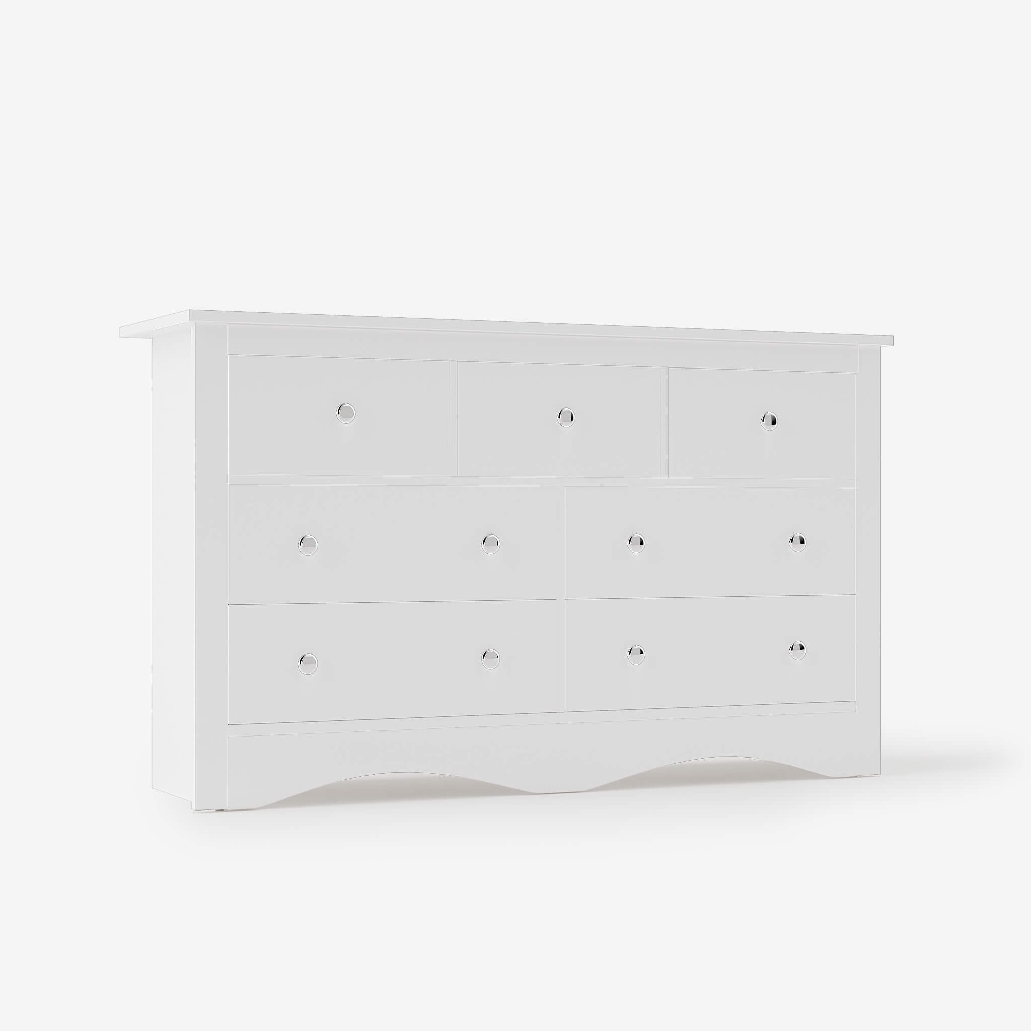 White Treevan Hestia 7-drawer grand dresser featuring a classic wide design and maximum storage capacity, isolated on a white background.#color_white