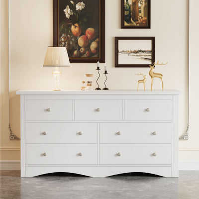 White Treevan Hestia 7-drawer grand dresser styled elegantly in a modern bedroom or living room space with decorative accents.