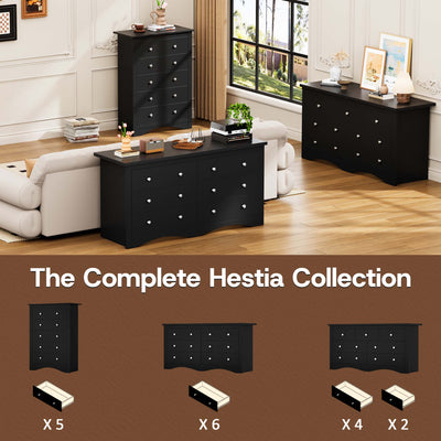 The complete Black Treevan Hestia collection featuring the 7-drawer grand dresser alongside matching tall and double chests.