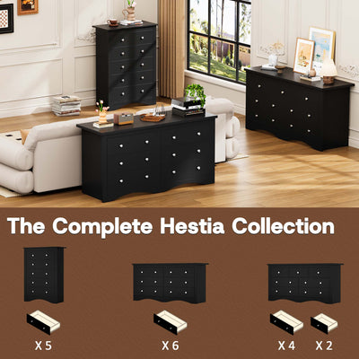 The complete Black Treevan Hestia collection featuring the 6-drawer double dresser alongside matching tall and wide chests.