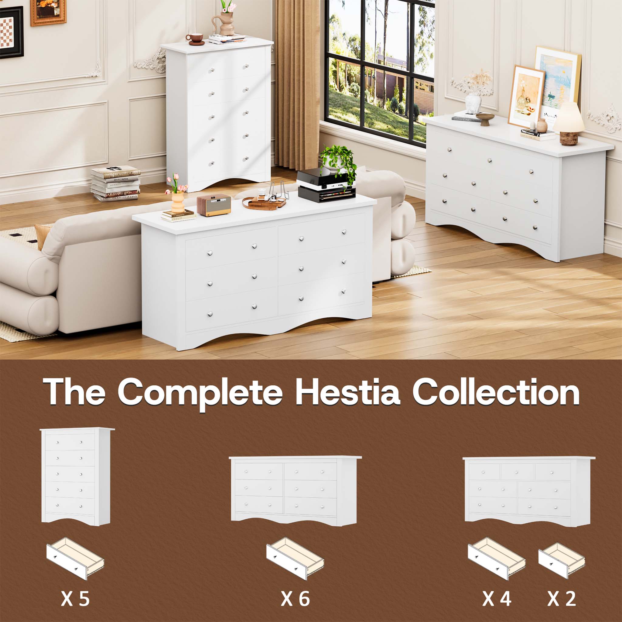 The complete White Treevan Hestia collection featuring the 7-drawer grand dresser alongside matching tall and double chests.