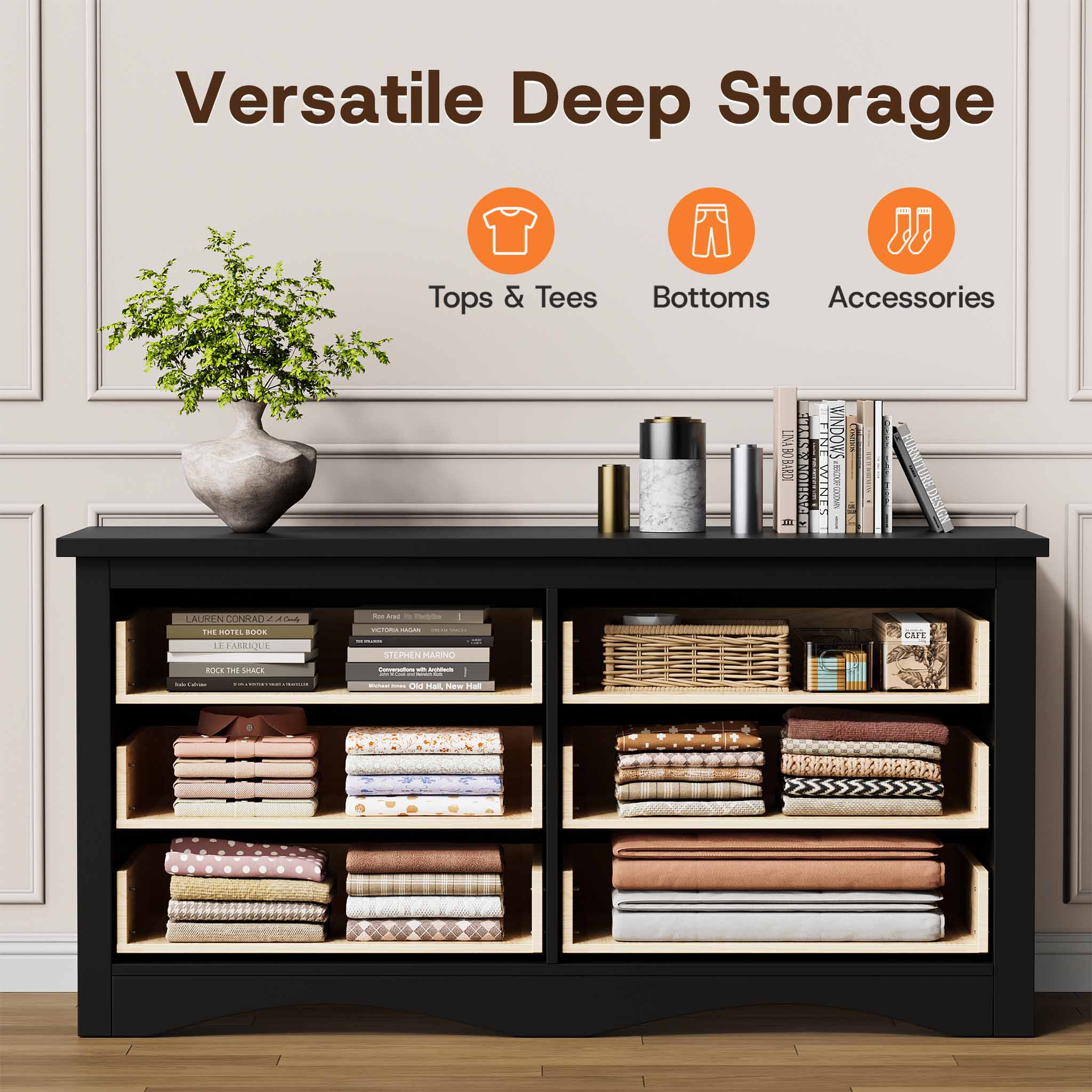 Cross-section view of the Black Treevan Hestia 6-drawer double dresser demonstrating versatile deep storage for clothes and accessories.