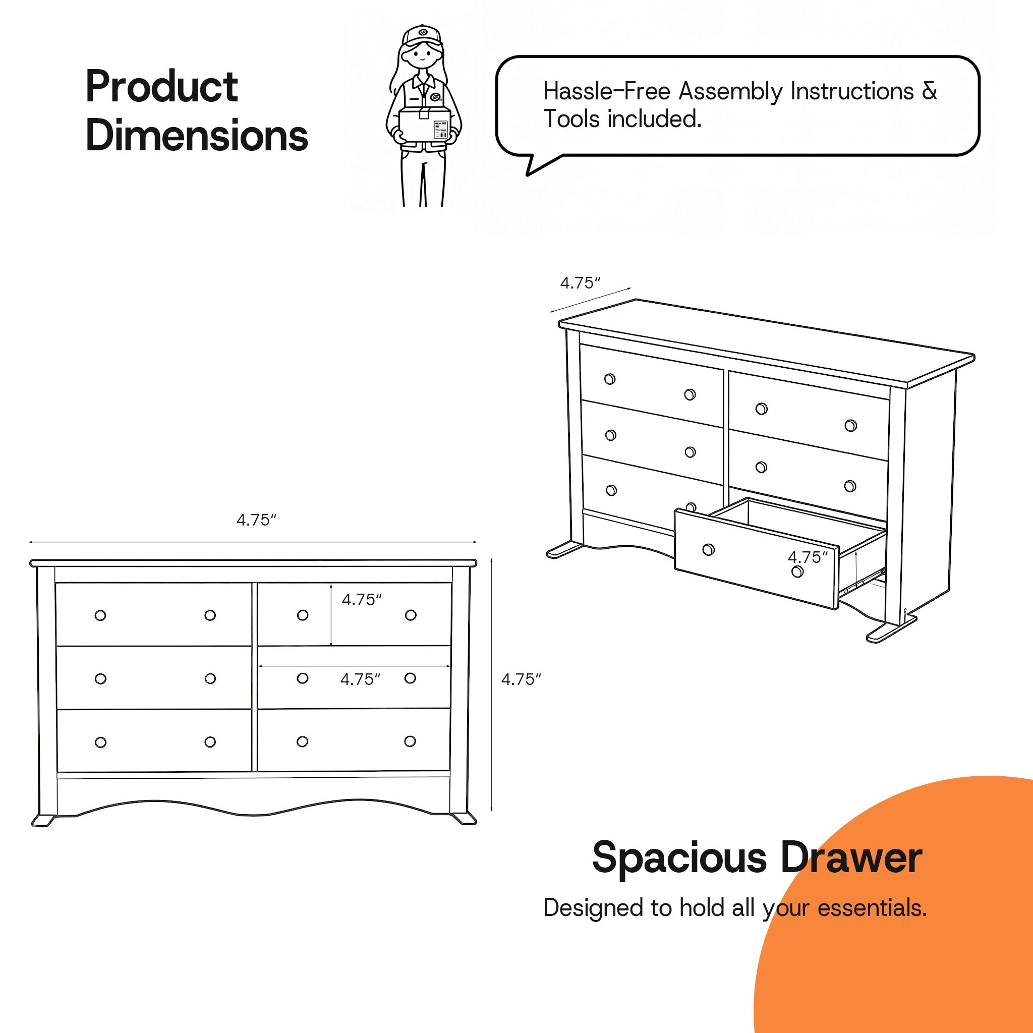 Product dimension diagram for the Brown Treevan Hestia 6-drawer double dresser showing overall height, width, and spacious drawer measurements.