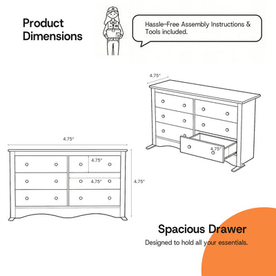 Product dimension diagram for the White Treevan Hestia 6-drawer double dresser showing overall height, width, and spacious drawer measurements.