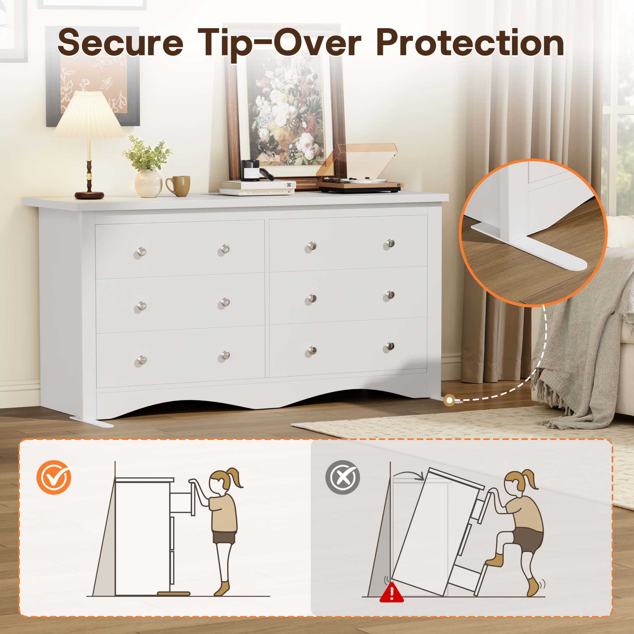 White Treevan Hestia double dresser featuring secure tip-over protection wall anchors for family safety.