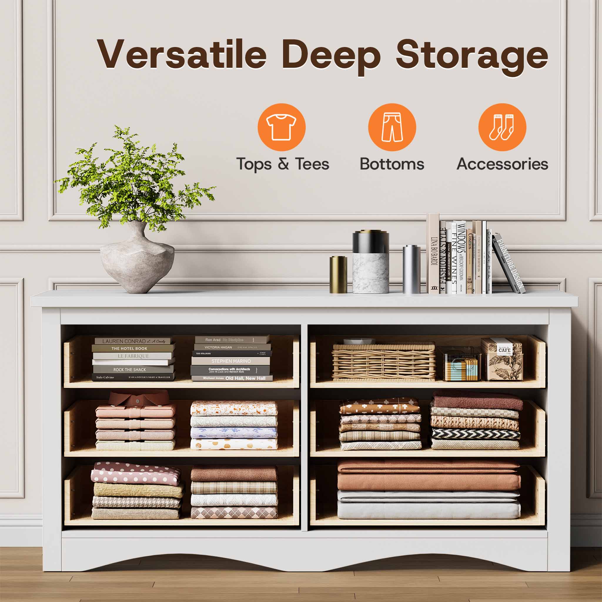 Cross-section view of the White Treevan Hestia 6-drawer double dresser demonstrating versatile deep storage for clothes and accessories.