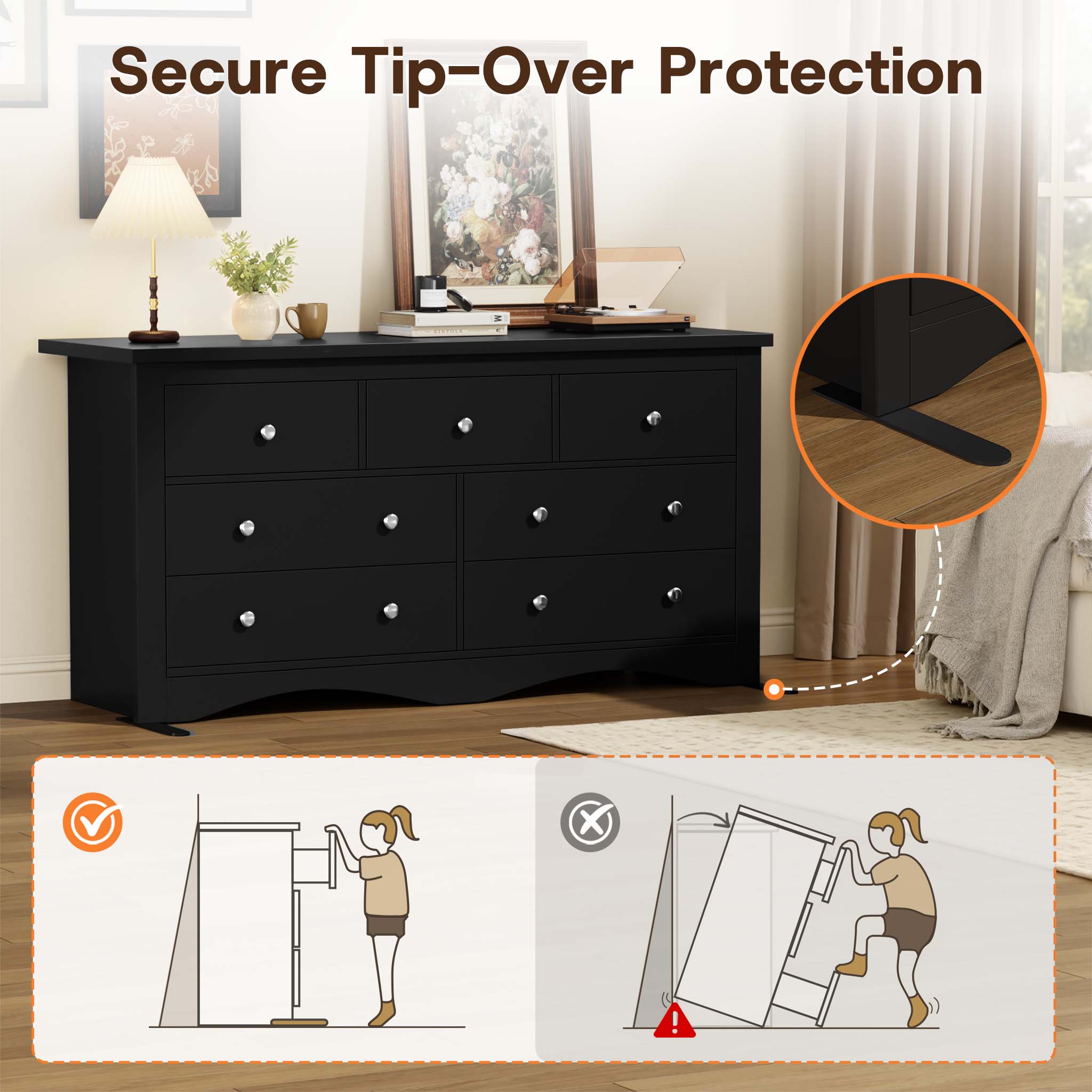 Black Treevan Hestia grand dresser featuring secure tip-over protection wall anchors for family and pet safety.