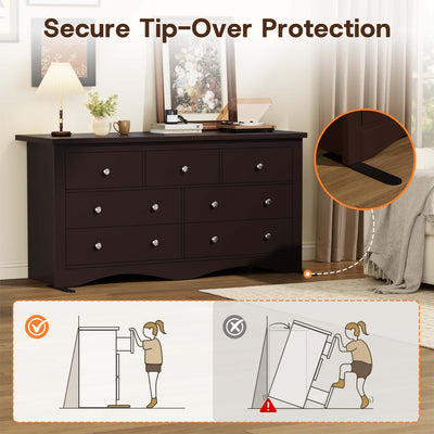 Brown Treevan Hestia grand dresser featuring secure tip-over protection wall anchors for family and pet safety.