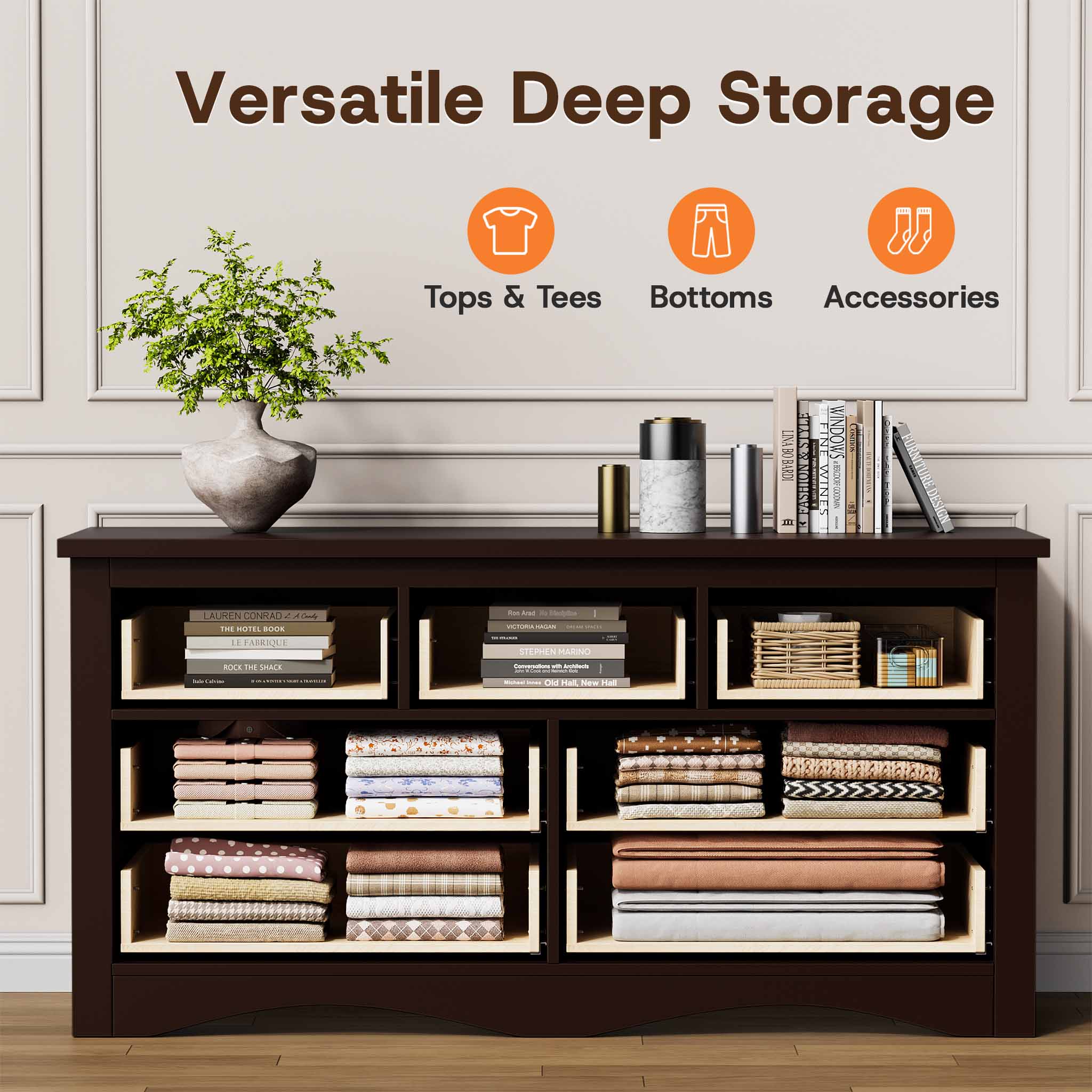 Cross-section view of the Brown Treevan Hestia 7-drawer grand dresser demonstrating versatile deep storage for clothes and accessories.