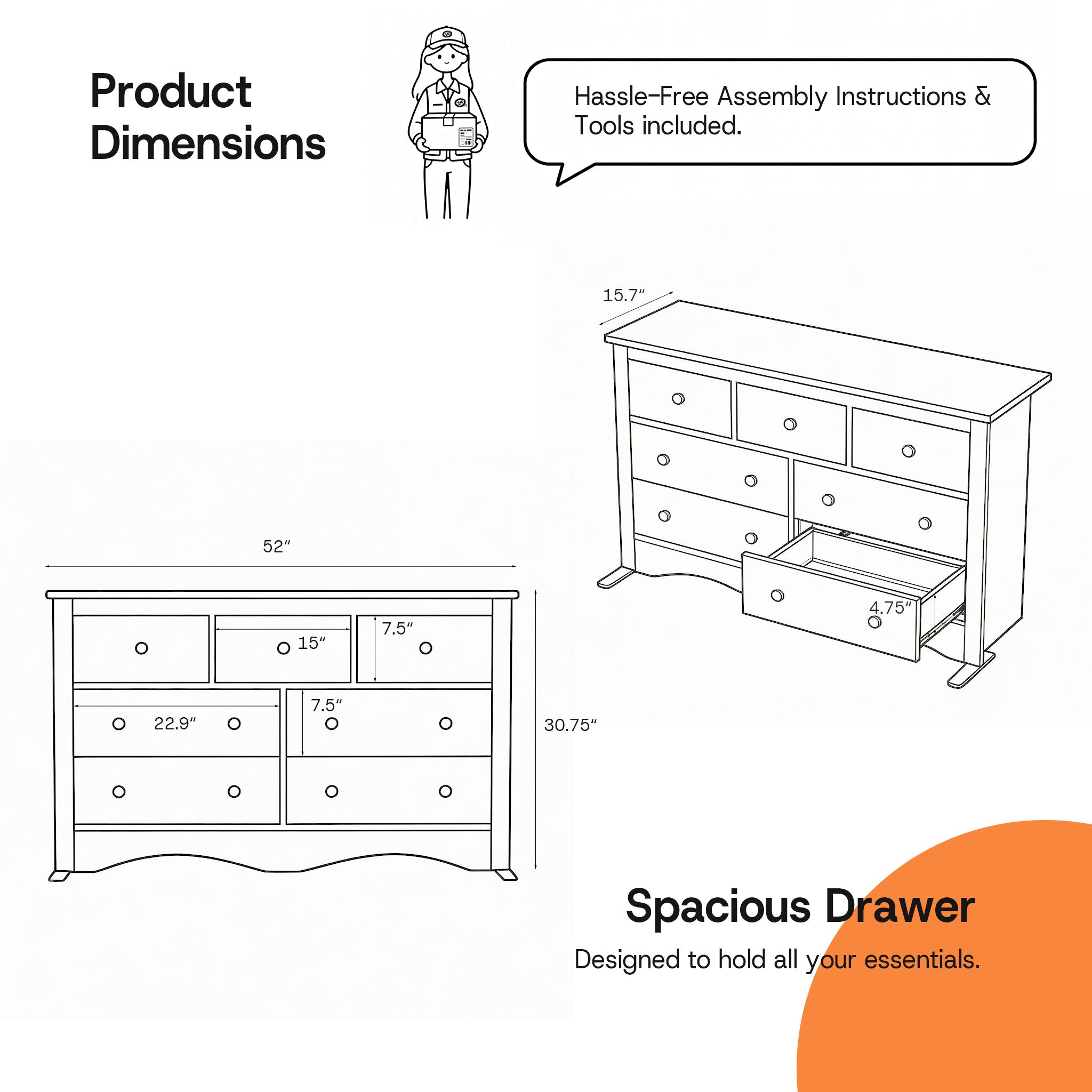 Product dimension diagram for the Brown Treevan Hestia 7-drawer grand dresser showing overall height, width, and spacious drawer measurements.