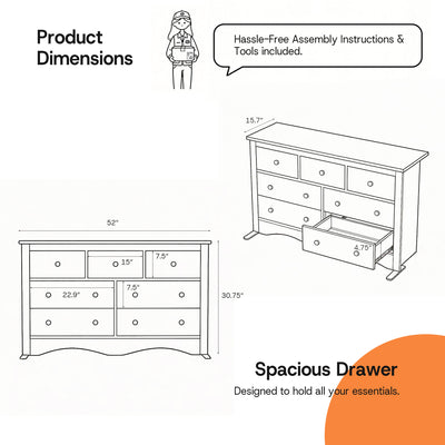 Product dimension diagram for the Brown Treevan Hestia 7-drawer grand dresser showing overall height, width, and spacious drawer measurements.