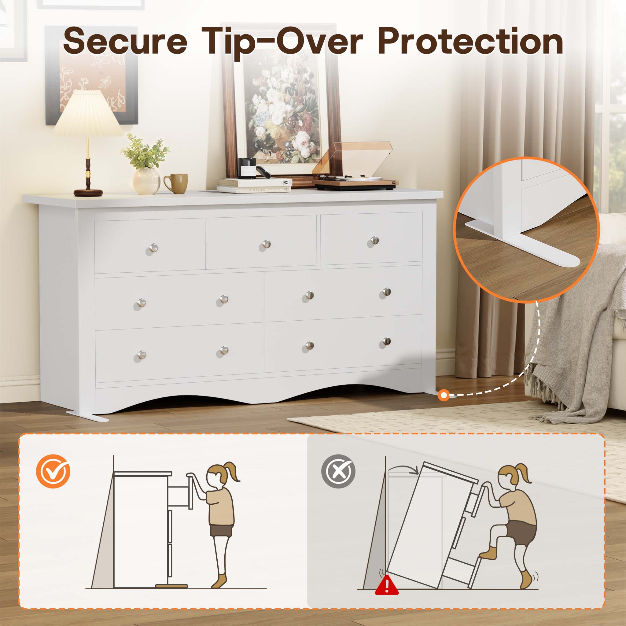 White Treevan Hestia grand dresser featuring secure tip-over protection wall anchors for family and pet safety.