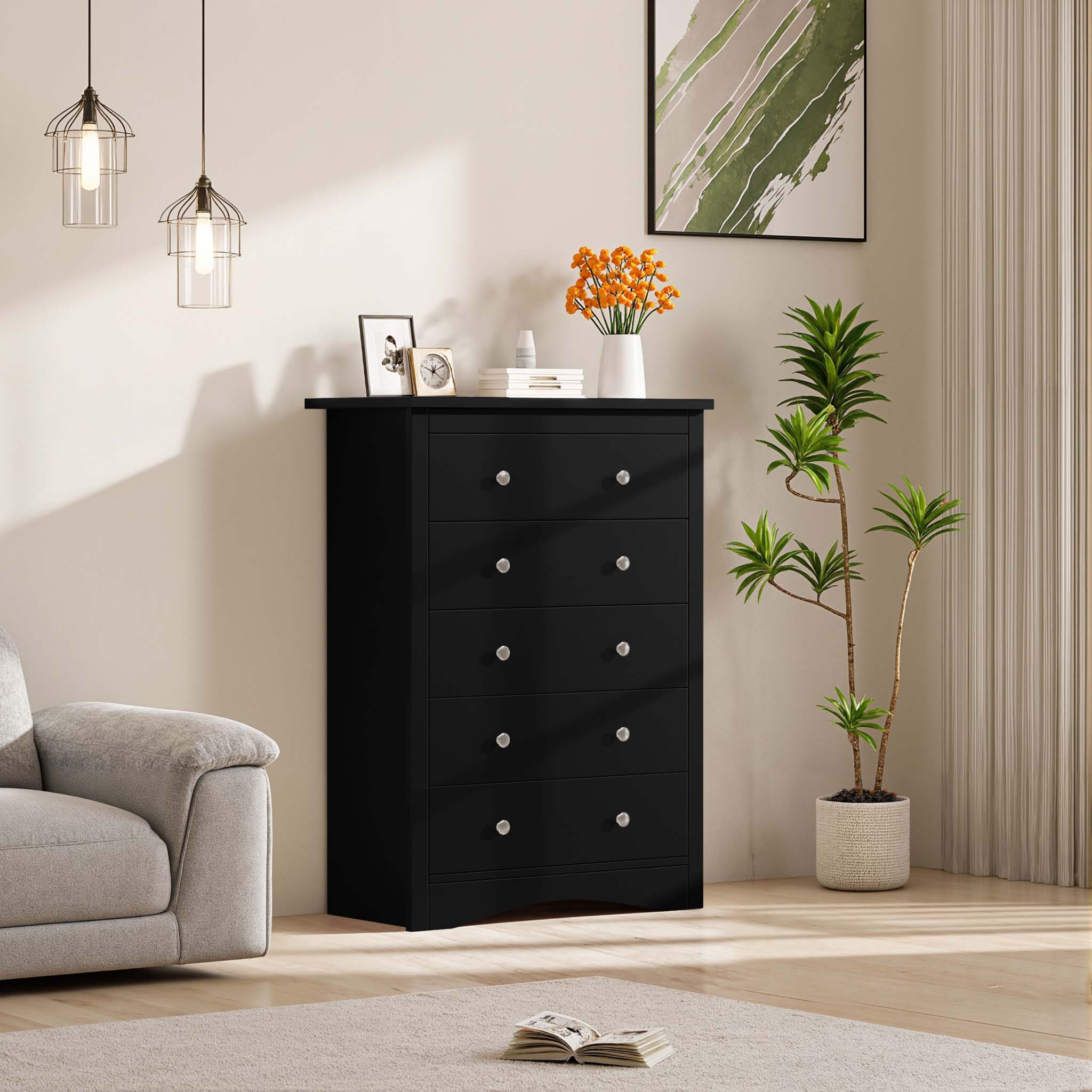 Black Treevan Hestia 5-drawer tall chest placed in a bright and cozy room setting.