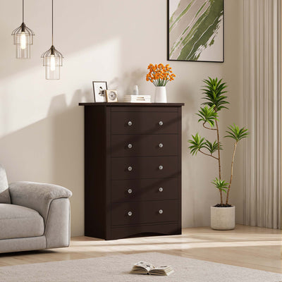 Brown Treevan Hestia 5-drawer tall chest placed in a bright and cozy room setting.