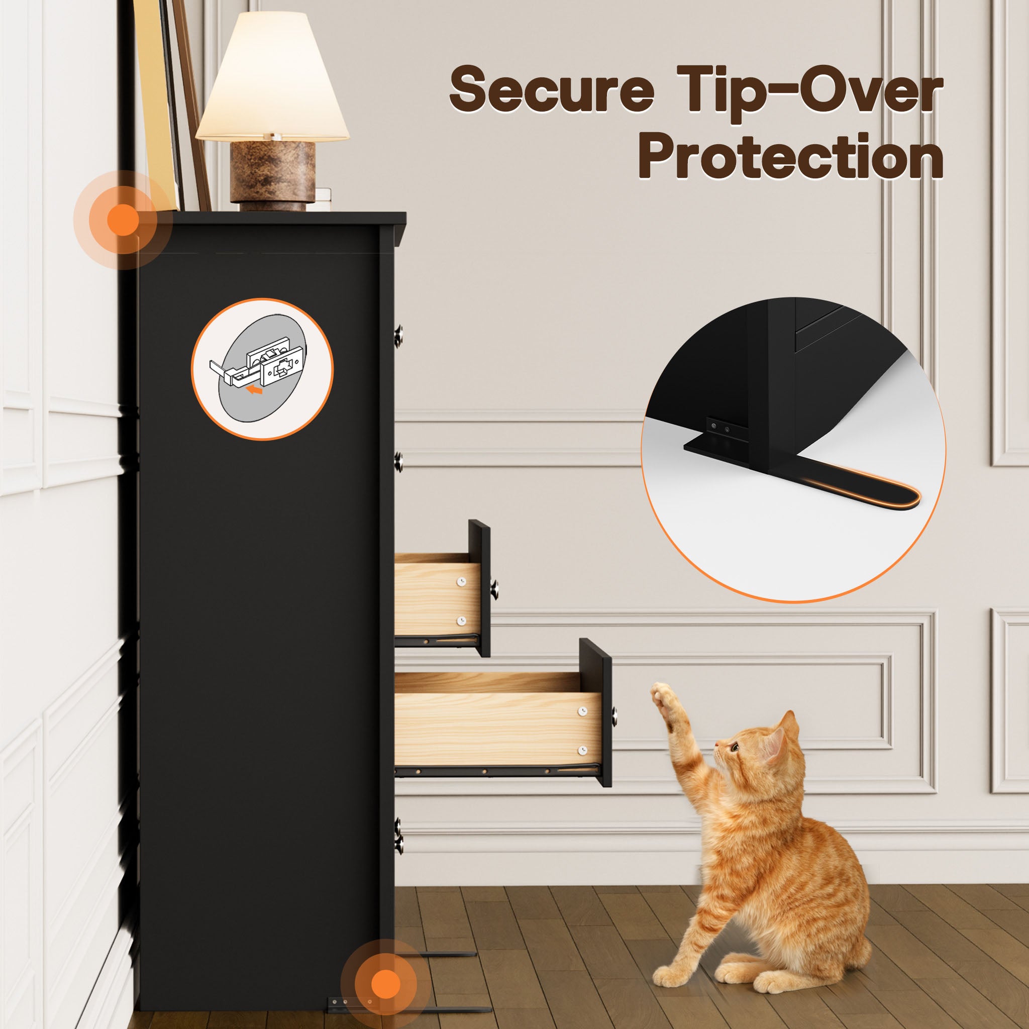 Black Treevan Hestia tall chest featuring secure tip-over protection wall anchors for child and pet safety.