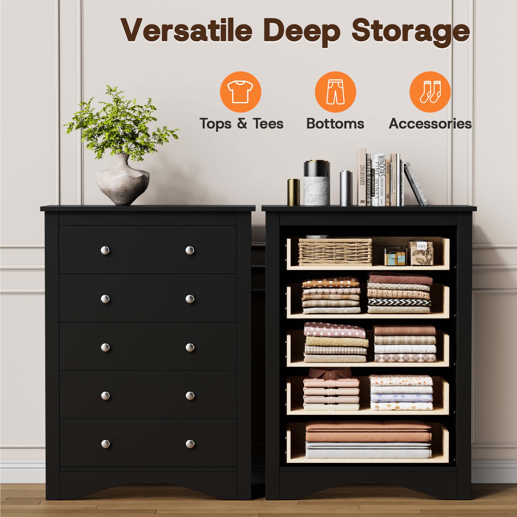 Cross-section display of the Black Treevan Hestia tall chest demonstrating versatile deep storage for tops, bottoms, and daily essentials.
