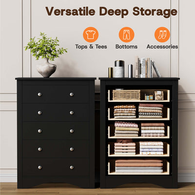 Cross-section display of the Black Treevan Hestia tall chest demonstrating versatile deep storage for tops, bottoms, and daily essentials.
