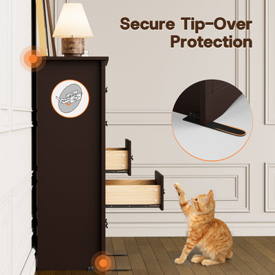 Brown Treevan Hestia tall chest featuring secure tip-over protection wall anchors for child and pet safety.