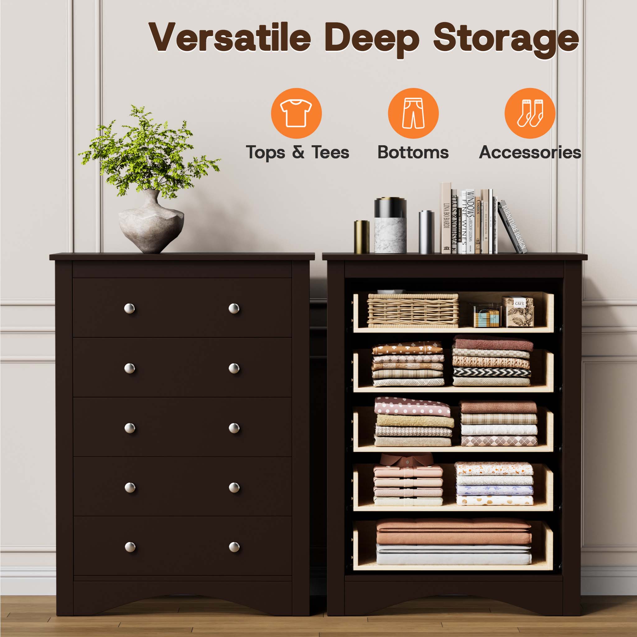 Cross-section display of the Brown Treevan Hestia tall chest demonstrating versatile deep storage for tops, bottoms, and daily essentials.