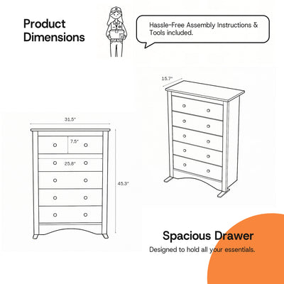 Product dimension diagram for the Brown Treevan Hestia 5-drawer tall chest showing overall height, width, and spacious drawer measurements.