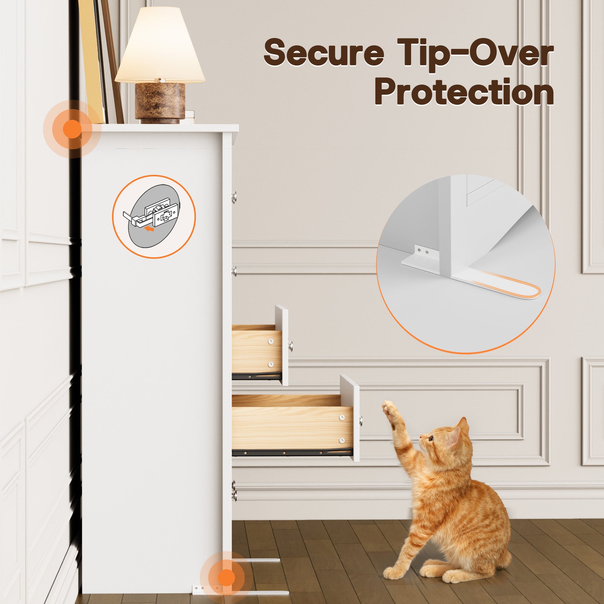 White Treevan Hestia tall chest featuring secure tip-over protection wall anchors for child and pet safety.