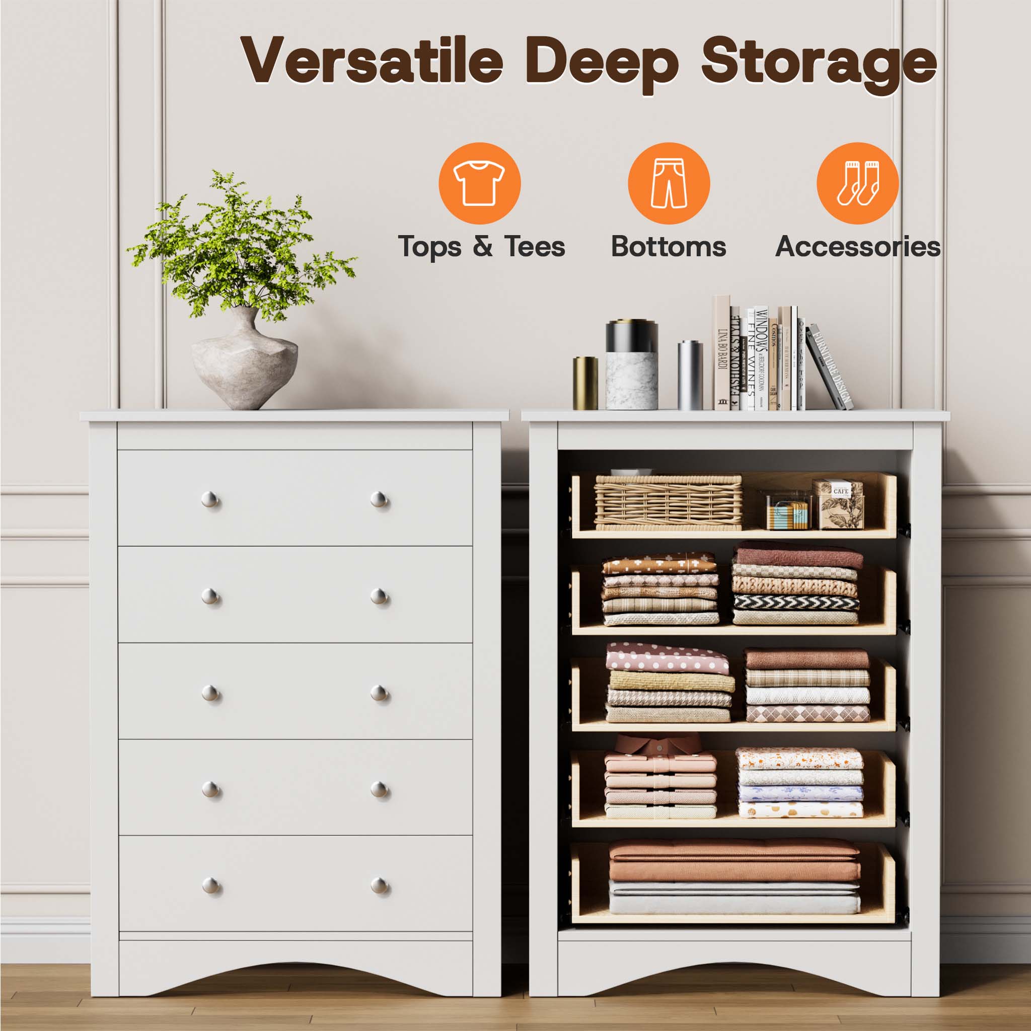Cross-section display of the White Treevan Hestia tall chest demonstrating versatile deep storage for tops, bottoms, and daily essentials.