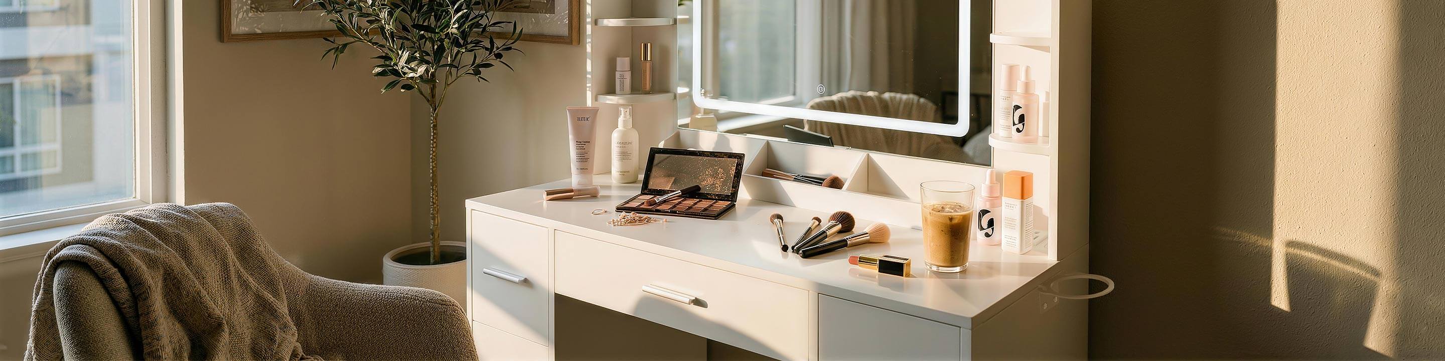 A sleek white makeup vanity with lighted mirror and storage drawers, showcasing Treevan's premium vanity desk collection.