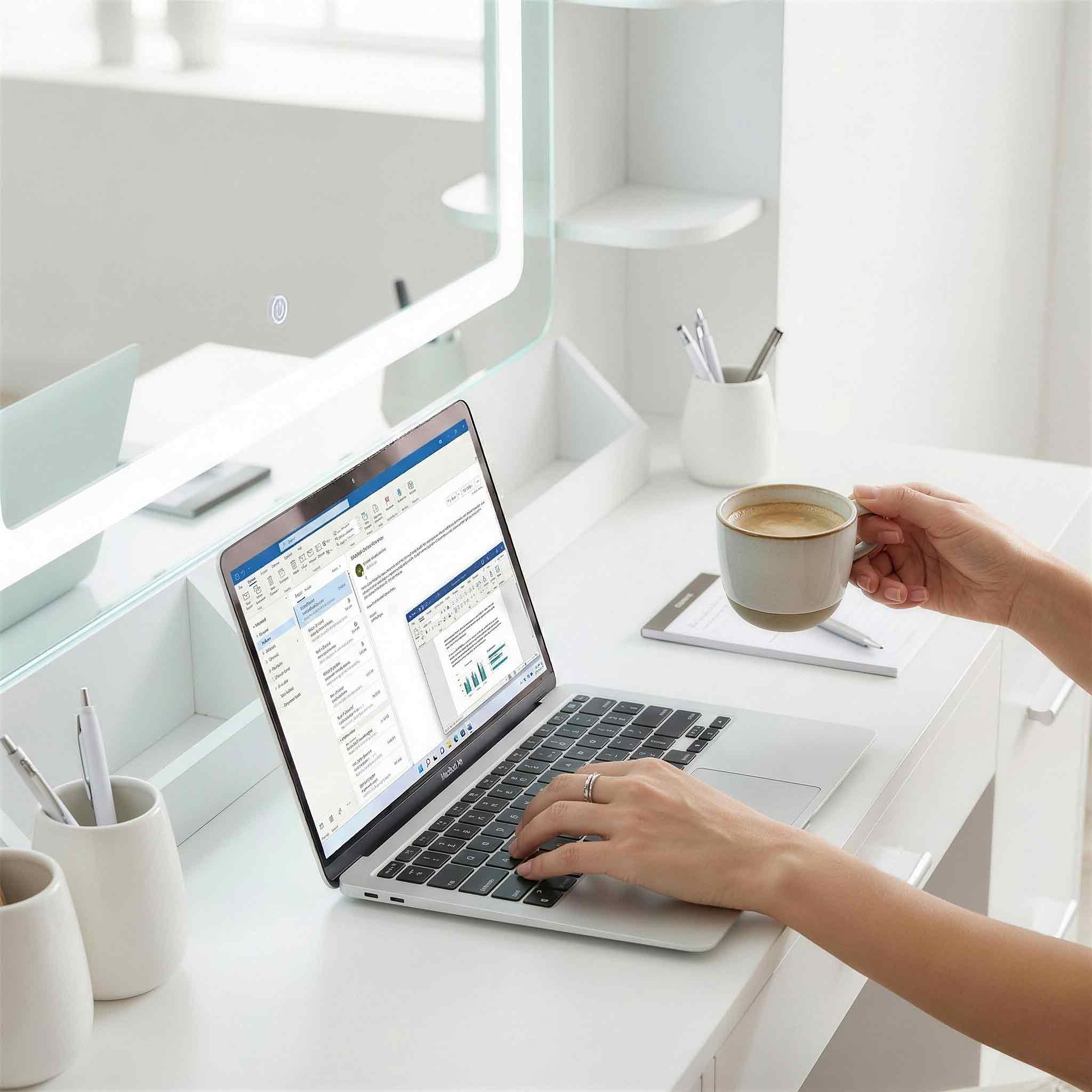 Woman working on a laptop and drinking coffee at a Treevan vanity desk, serving as a functional home office workspace.