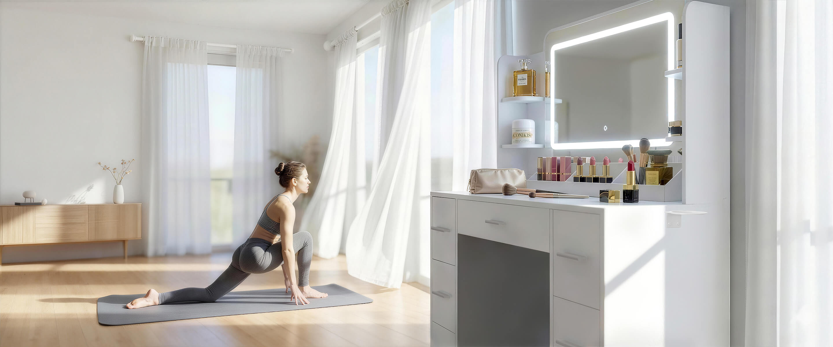 Woman doing yoga in a sunlit bedroom next to a Treevan modern white vanity desk with LED lighted mirror.